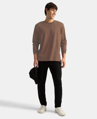 Super Combed Cotton Rich Solid Round Neck Full Sleeve T-Shirt - Brownie Melange