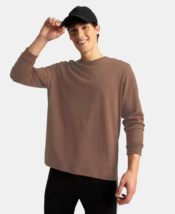 Super Combed Cotton Rich Solid Round Neck Full Sleeve T-Shirt - Brownie Melange