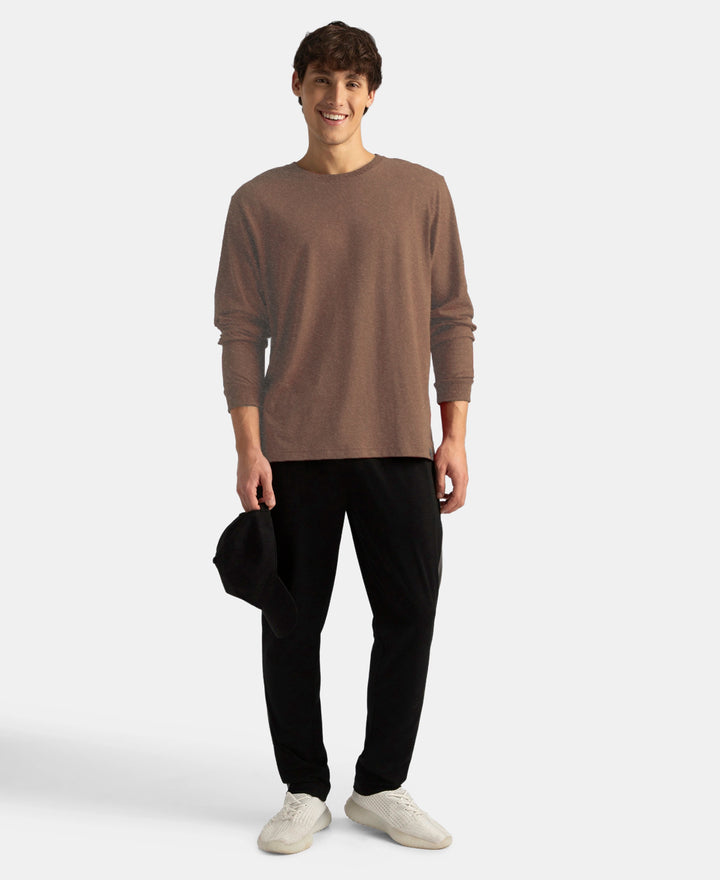 Super Combed Cotton Rich Solid Round Neck Full Sleeve T-Shirt - Brownie Melange