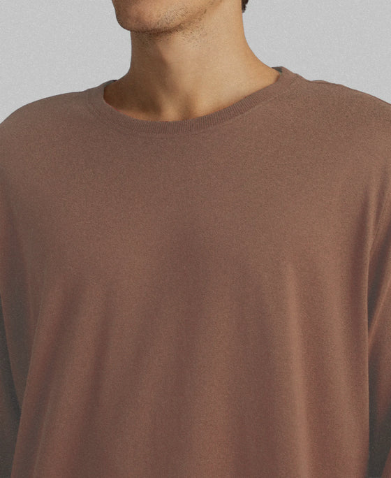 Super Combed Cotton Rich Solid Round Neck Full Sleeve T-Shirt - Brownie Melange