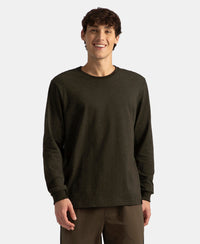 Super Combed Cotton Rich Solid Round Neck Full Sleeve T-Shirt - Olive Melange