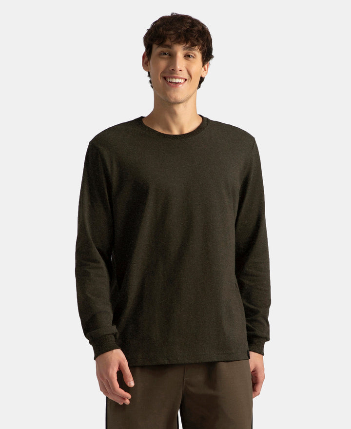 Super Combed Cotton Rich Solid Round Neck Full Sleeve T-Shirt - Olive Melange