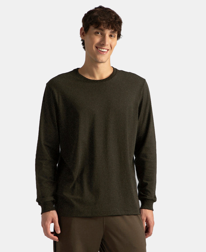 Super Combed Cotton Rich Solid Round Neck Full Sleeve T-Shirt - Olive Melange