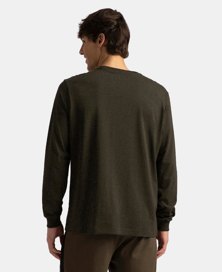 Super Combed Cotton Rich Solid Round Neck Full Sleeve T-Shirt - Olive Melange