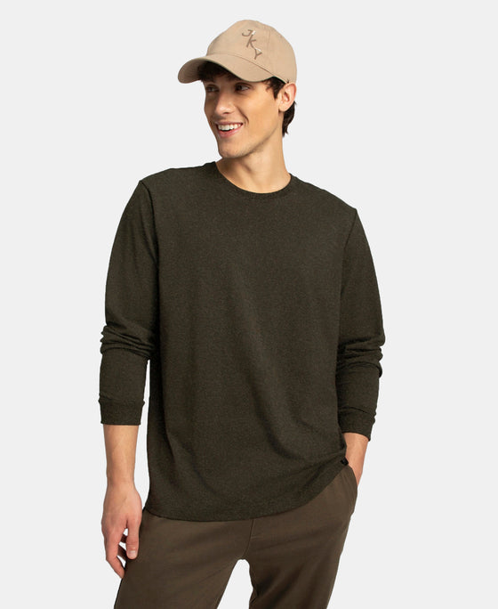 Super Combed Cotton Rich Solid Round Neck Full Sleeve T-Shirt - Olive Melange