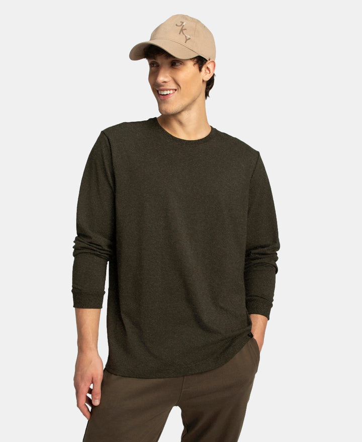 Super Combed Cotton Rich Solid Round Neck Full Sleeve T-Shirt - Olive Melange