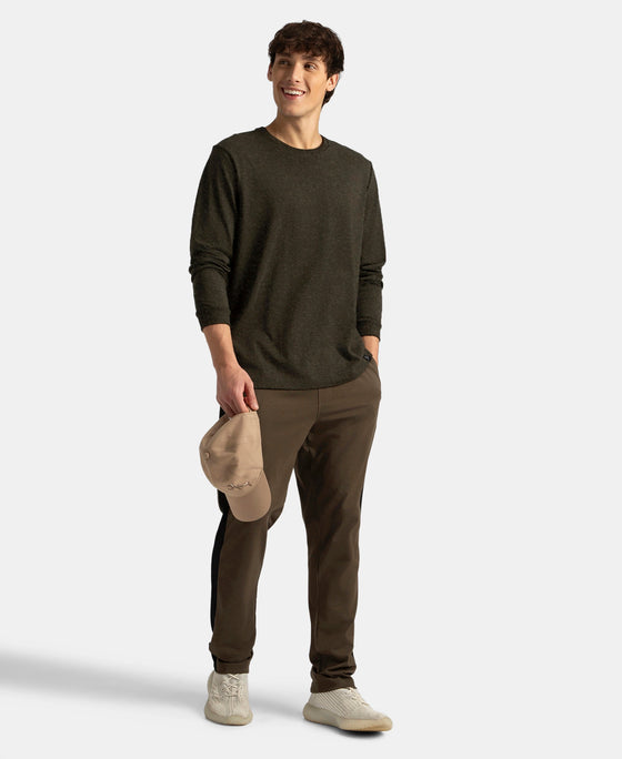 Super Combed Cotton Rich Solid Round Neck Full Sleeve T-Shirt - Olive Melange
