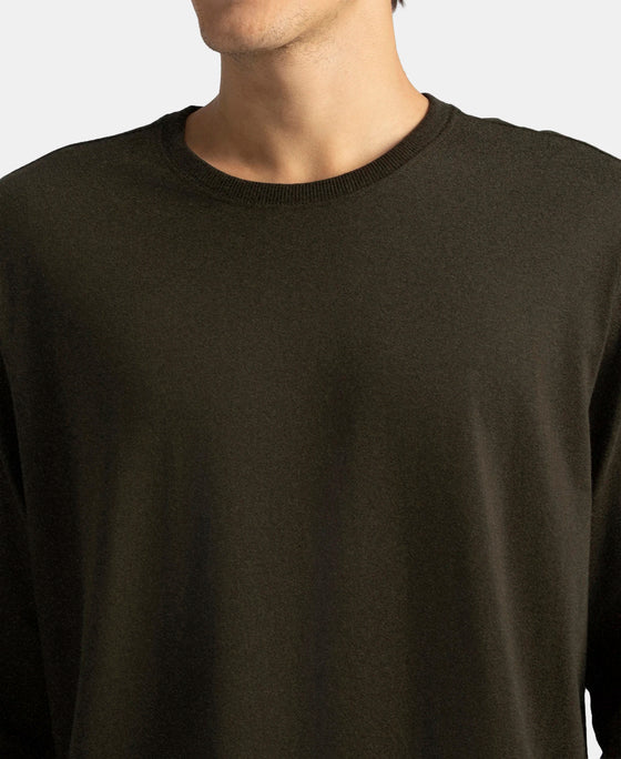 Super Combed Cotton Rich Solid Round Neck Full Sleeve T-Shirt - Olive Melange