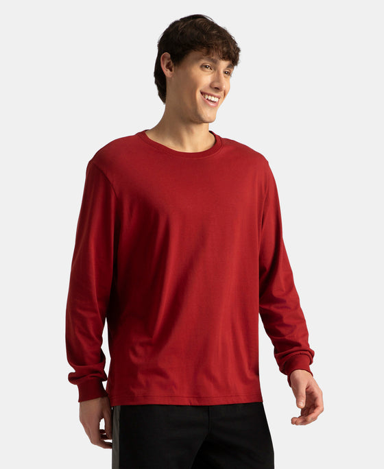 Super Combed Cotton Rich Solid Round Neck Full Sleeve T-Shirt - Sundried Tomato