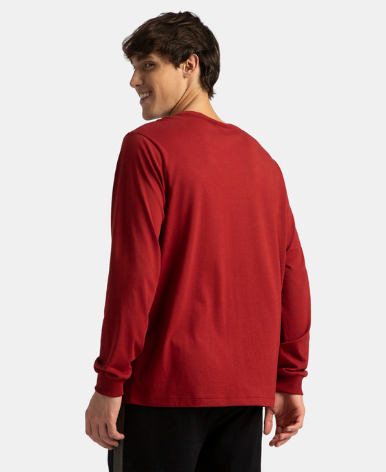 Super Combed Cotton Rich Solid Round Neck Full Sleeve T-Shirt - Sundried Tomato