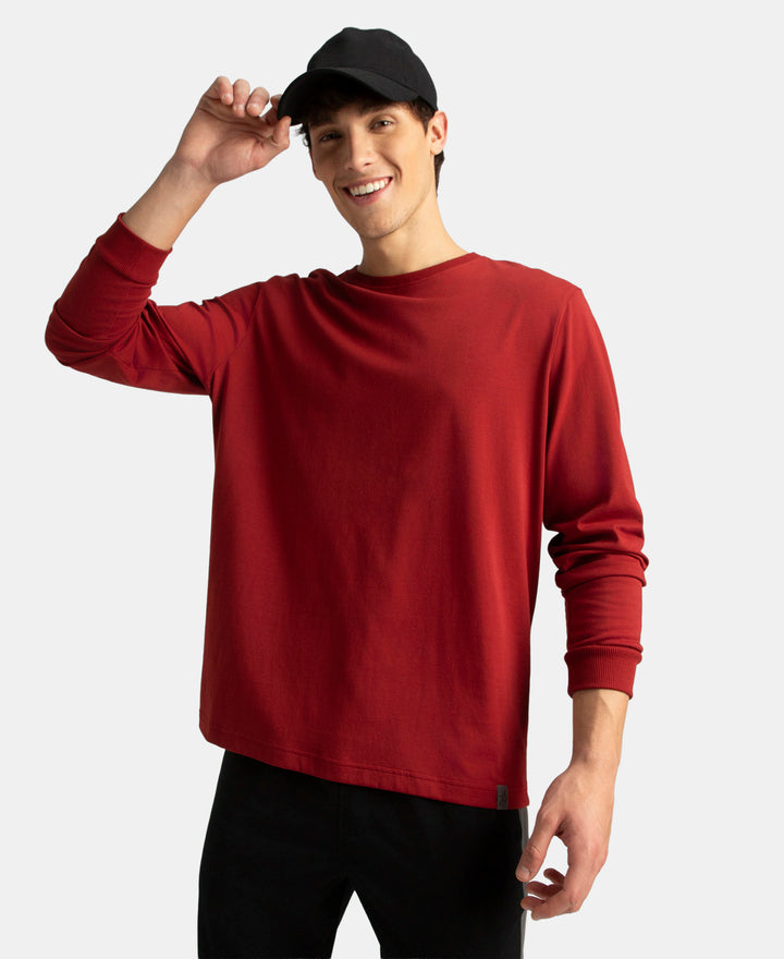 Super Combed Cotton Rich Solid Round Neck Full Sleeve T-Shirt - Sundried Tomato