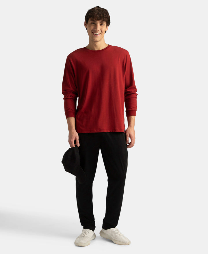 Super Combed Cotton Rich Solid Round Neck Full Sleeve T-Shirt - Sundried Tomato