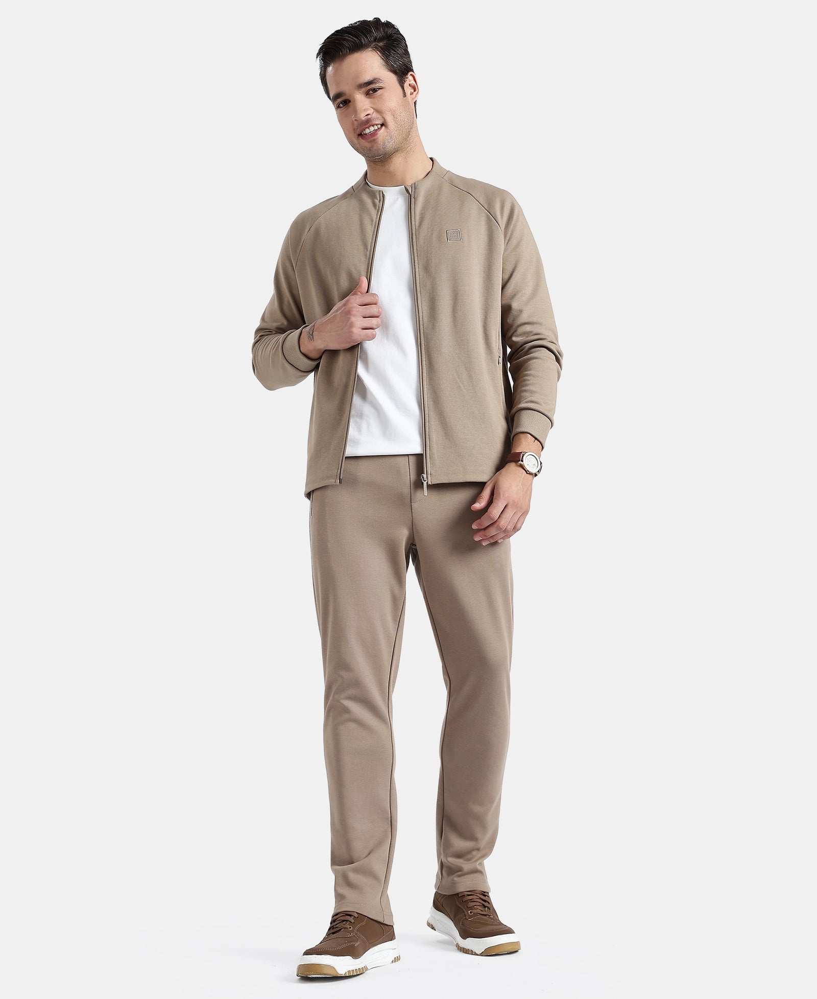 Super Combed Cotton Rich Pique Fabric Jacket with Ribbed Cuffs - Desert Taupe