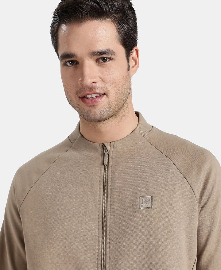 Super Combed Cotton Rich Pique Fabric Jacket with Ribbed Cuffs - Desert Taupe