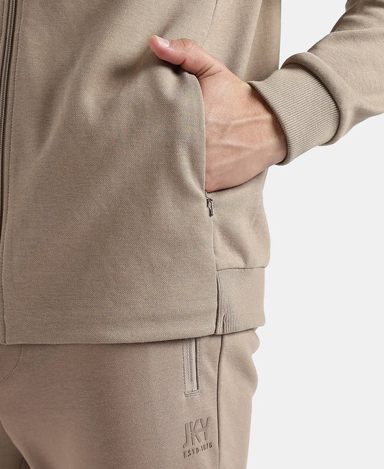 Super Combed Cotton Rich Pique Fabric Jacket with Ribbed Cuffs - Desert Taupe