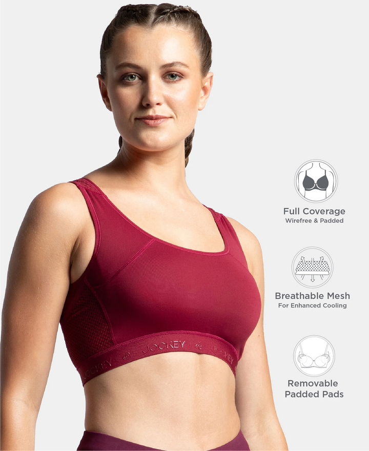 Wirefree Padded Tactel Nylon Elastane Stretch Full Coverage Racerback Styling Sports Bra with StayFresh and StayDry Treatment - Claret
