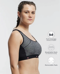 Wirefree Padded Tactel Nylon Elastane Stretch Full Coverage Racerback Styling Sports Bra with StayFresh and StayDry Treatment - Black Melange