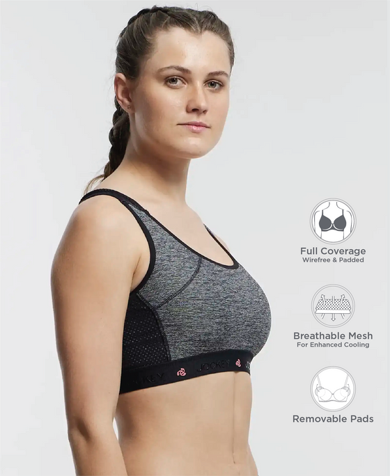 Wirefree Padded Tactel Nylon Elastane Stretch Full Coverage Racerback Styling Sports Bra with StayFresh and StayDry Treatment - Black Melange