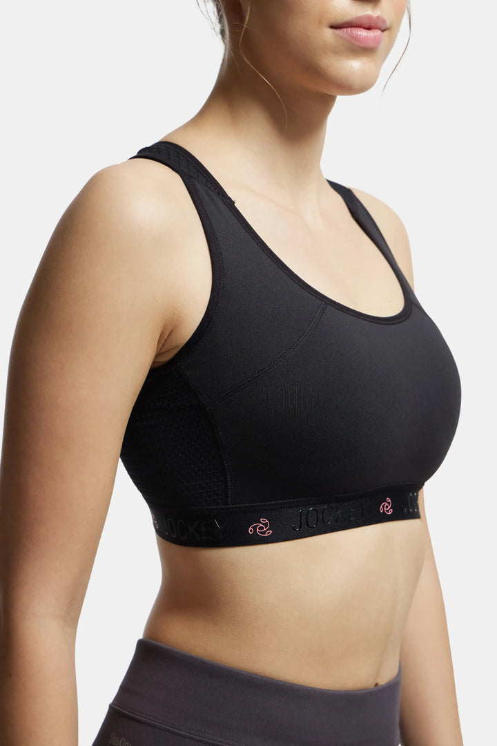 Wirefree Padded Tactel Nylon Elastane Stretch Full Coverage Racer Back Styling Sports Bra with StayFresh and StayDry Treatment - Black