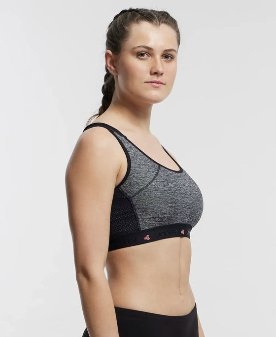 Wirefree Padded Tactel Nylon Elastane Stretch Full Coverage Racerback Styling Sports Bra with StayFresh and StayDry Treatment - Black Melange