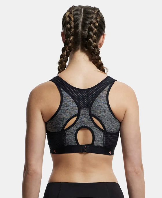 Wirefree Padded Tactel Nylon Elastane Stretch Full Coverage Racerback Styling Sports Bra with StayFresh and StayDry Treatment - Black Melange