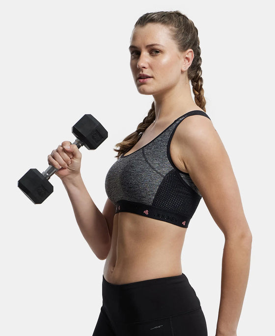 Wirefree Padded Tactel Nylon Elastane Stretch Full Coverage Racerback Styling Sports Bra with StayFresh and StayDry Treatment - Black Melange