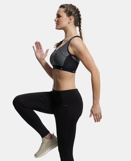 Wirefree Padded Tactel Nylon Elastane Stretch Full Coverage Racerback Styling Sports Bra with StayFresh and StayDry Treatment - Black Melange