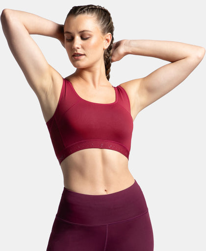 Wirefree Padded Tactel Nylon Elastane Stretch Full Coverage Racer Back Styling Sports Bra with StayFresh and StayDry Treatment - Claret