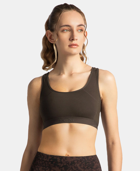 Wirefree Padded Tactel Nylon Elastane Stretch Full Coverage Racerback Styling Sports Bra with StayFresh and StayDry Treatment - Coffee