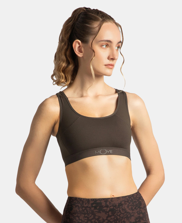 Wirefree Padded Tactel Nylon Elastane Stretch Full Coverage Racerback Styling Sports Bra with StayFresh and StayDry Treatment - Coffee