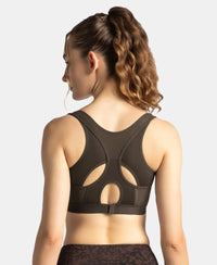 Wirefree Padded Tactel Nylon Elastane Stretch Full Coverage Racerback Styling Sports Bra with StayFresh and StayDry Treatment - Coffee