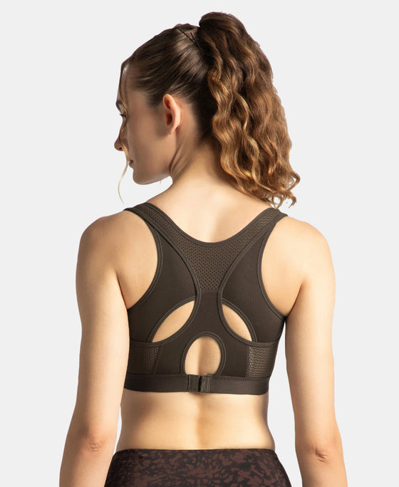 Wirefree Padded Tactel Nylon Elastane Stretch Full Coverage Racerback Styling Sports Bra with StayFresh and StayDry Treatment - Coffee