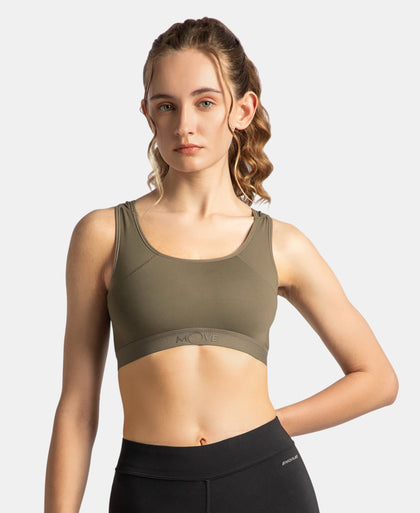 Wirefree Padded Tactel Nylon Elastane Stretch Full Coverage Racerback Styling Sports Bra with StayFresh and StayDry Treatment - Earth