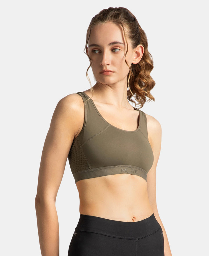 Wirefree Padded Tactel Nylon Elastane Stretch Full Coverage Racerback Styling Sports Bra with StayFresh and StayDry Treatment - Earth