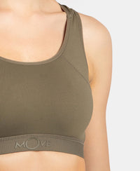 Wirefree Padded Tactel Nylon Elastane Stretch Full Coverage Racerback Styling Sports Bra with StayFresh and StayDry Treatment - Earth