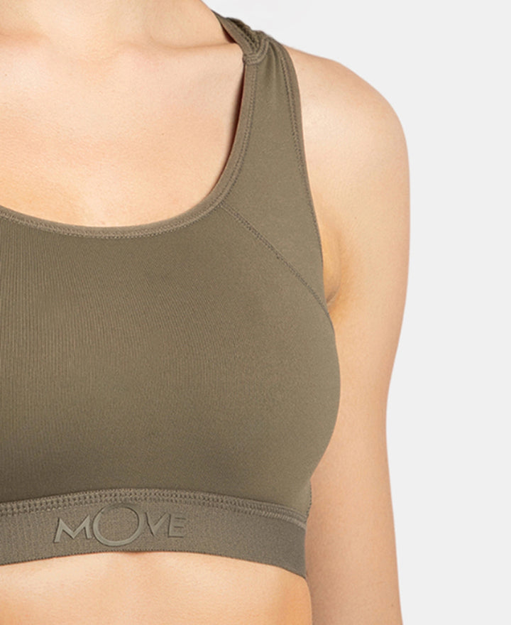 Wirefree Padded Tactel Nylon Elastane Stretch Full Coverage Racerback Styling Sports Bra with StayFresh and StayDry Treatment - Earth