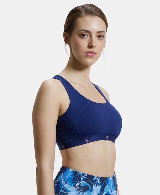 Wirefree Padded Tactel Nylon Elastane Stretch Full Coverage Racer Back Styling Sports Bra with StayFresh and StayDry Treatment - Midnight Sail