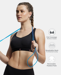Wirefree Padded Tactel Nylon Elastane Stretch Full Coverage Sports Bra with Optional Cross Back Styling - Black