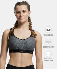 Wirefree Padded Tactel Nylon Elastane Stretch Full Coverage Sports Bra with Optional Cross Back Styling - Black Melange