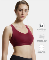 Wirefree Padded Tactel Nylon Elastane Stretch Full Coverage Sports Bra with Optional Cross Back Styling - Claret