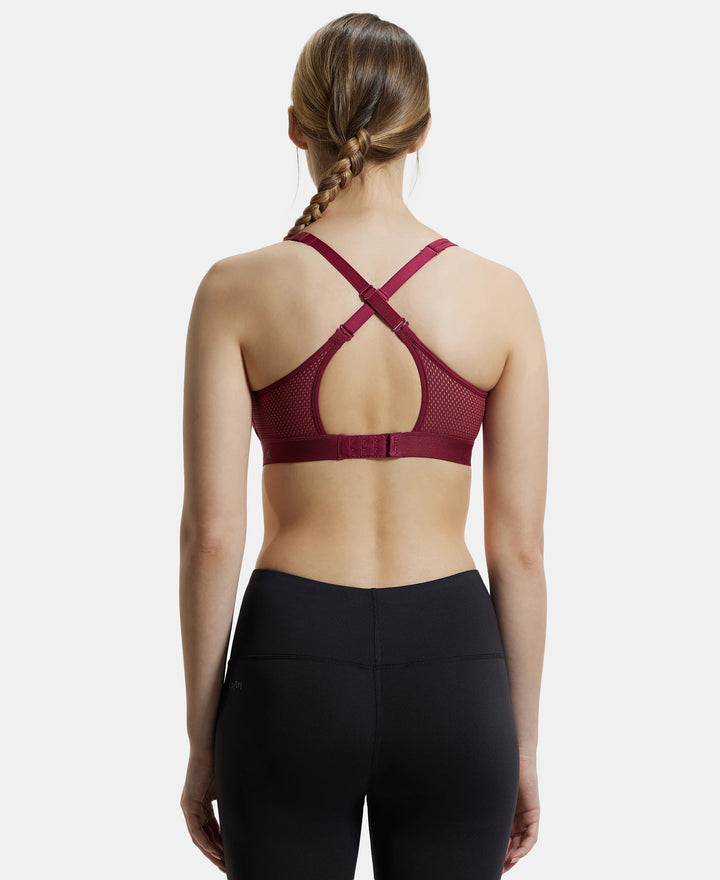 Wirefree Padded Tactel Nylon Elastane Stretch Full Coverage Sports Bra with Optional Cross Back Styling - Claret