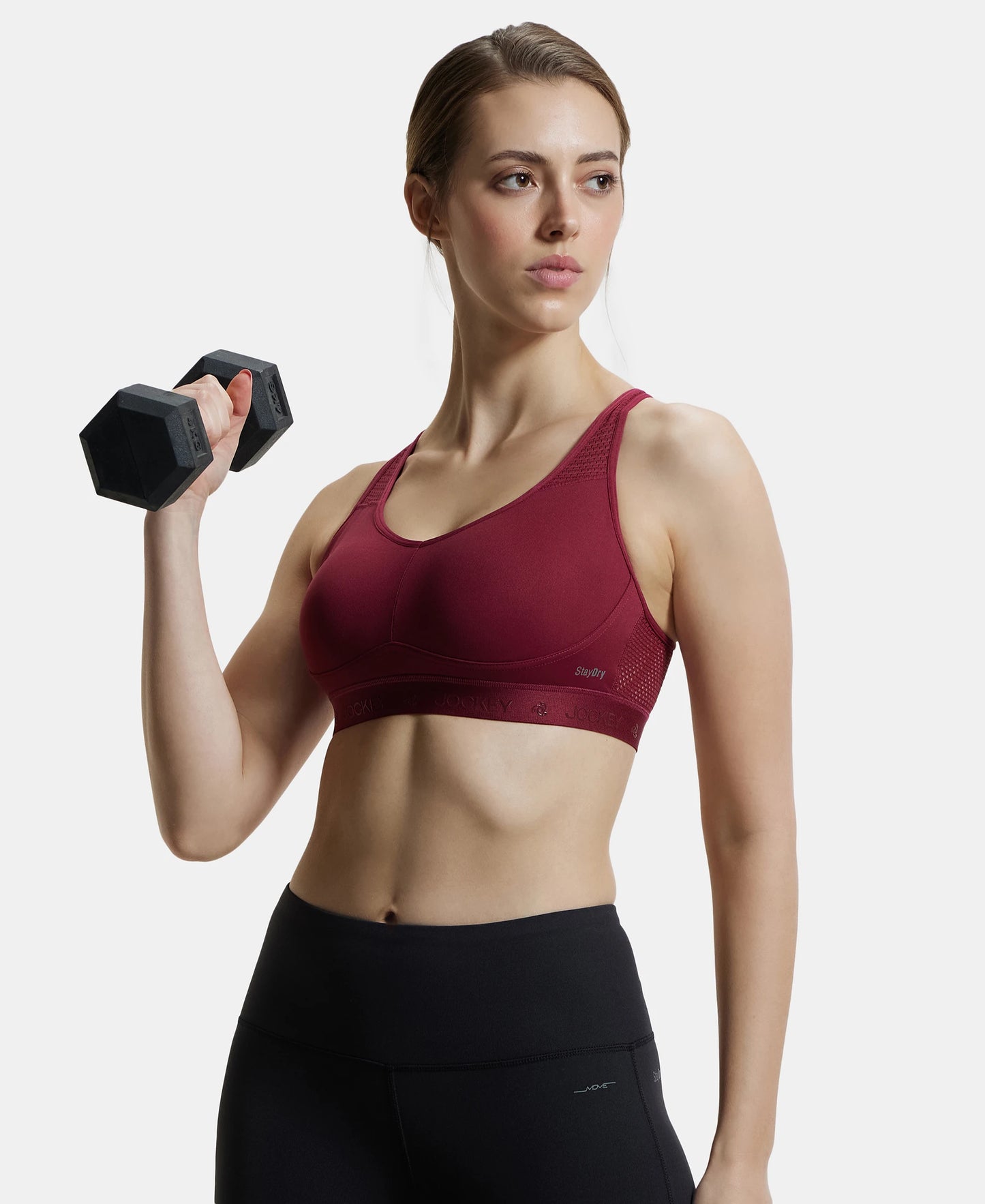 Wirefree Padded Tactel Nylon Elastane Stretch Full Coverage Sports Bra with Optional Cross Back Styling - Claret