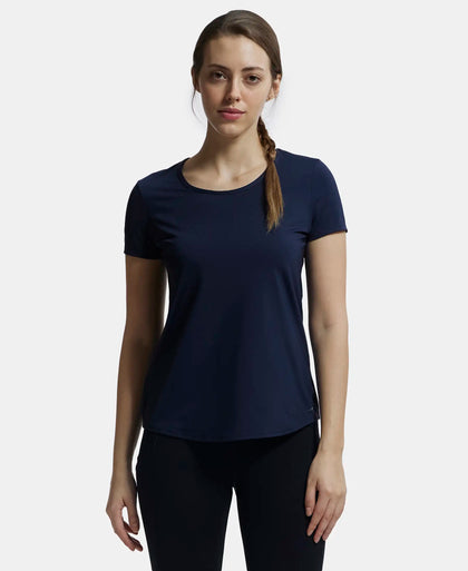 Tactel Microfiber Elastane Stretch Relaxed Fit Solid Curved Hem Styled Short Sleeve T-Shirt - Cosmic Sapphire