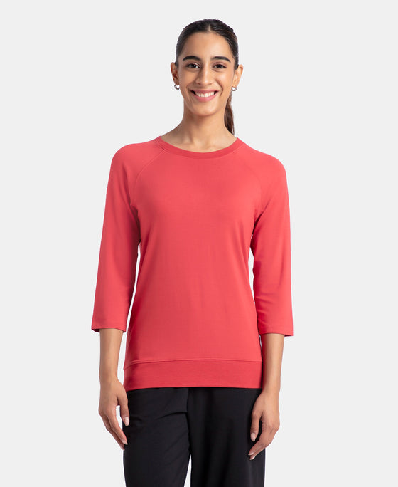 Super Combed Cotton Viscose Elastane Stretch Regular Fit Solid Round Neck Three Quarter Sleeve T-Shirt - Cardinal
