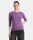 Super Combed Cotton Viscose Elastane Stretch Regular Fit Solid Round Neck Three Quarter Sleeve T-Shirt - Amaranth Purple Snow Melange