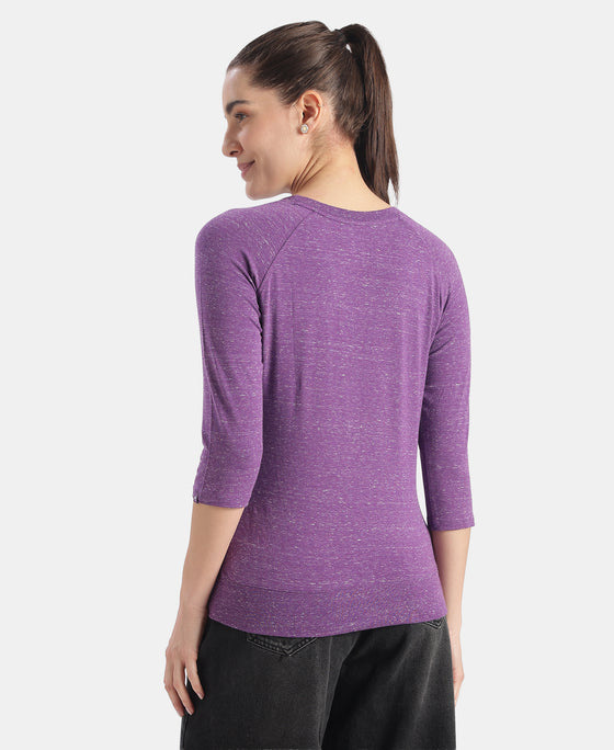 Super Combed Cotton Viscose Elastane Stretch Regular Fit Solid Round Neck Three Quarter Sleeve T-Shirt - Amaranth Purple Snow Melange