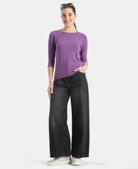 Super Combed Cotton Viscose Elastane Stretch Regular Fit Solid Round Neck Three Quarter Sleeve T-Shirt - Amaranth Purple Snow Melange