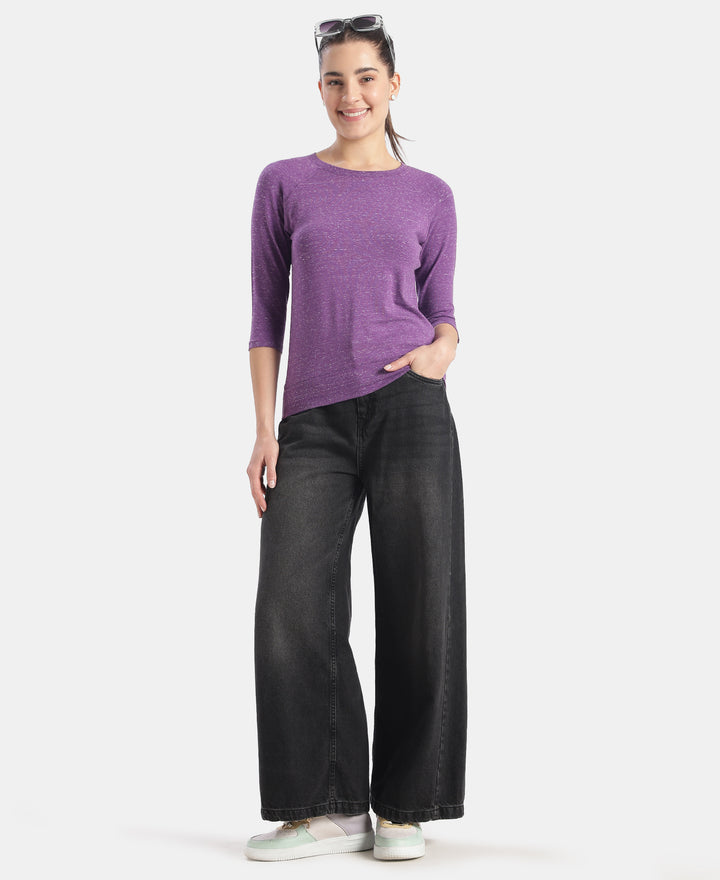Super Combed Cotton Viscose Elastane Stretch Regular Fit Solid Round Neck Three Quarter Sleeve T-Shirt - Amaranth Purple Snow Melange
