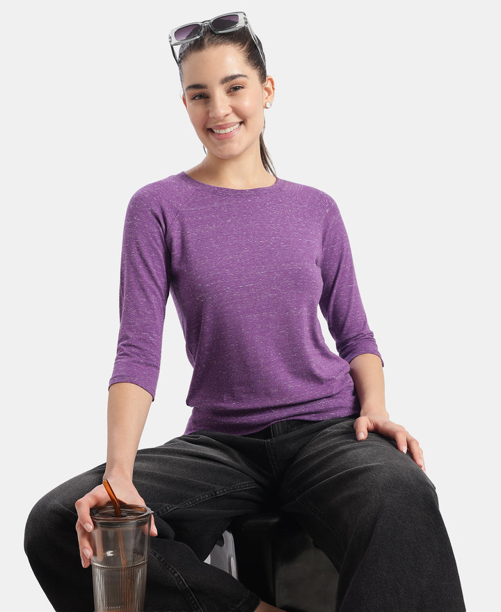 Super Combed Cotton Viscose Elastane Stretch Regular Fit Solid Round Neck Three Quarter Sleeve T-Shirt - Amaranth Purple Snow Melange