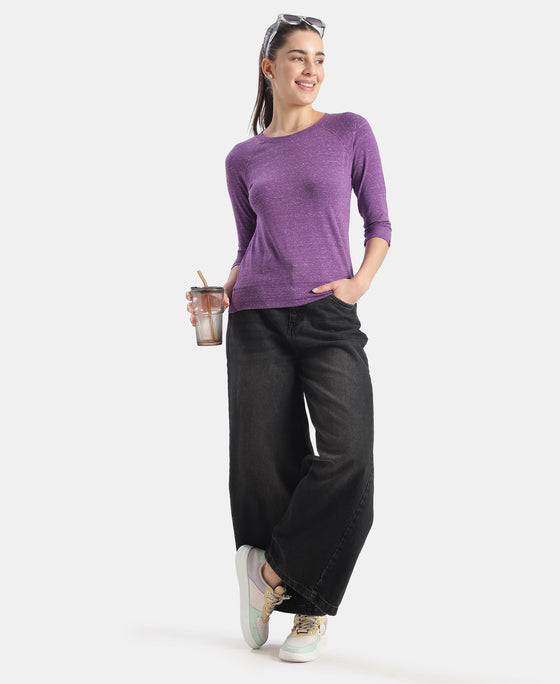 Super Combed Cotton Viscose Elastane Stretch Regular Fit Solid Round Neck Three Quarter Sleeve T-Shirt - Amaranth Purple Snow Melange